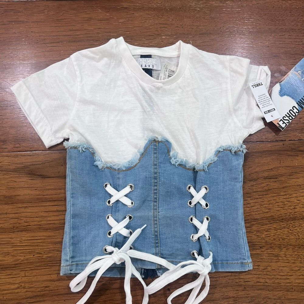 NWT Thrill Jeans Women’s Two-Tone Denim Corset Bodice T-Shirt – Medium